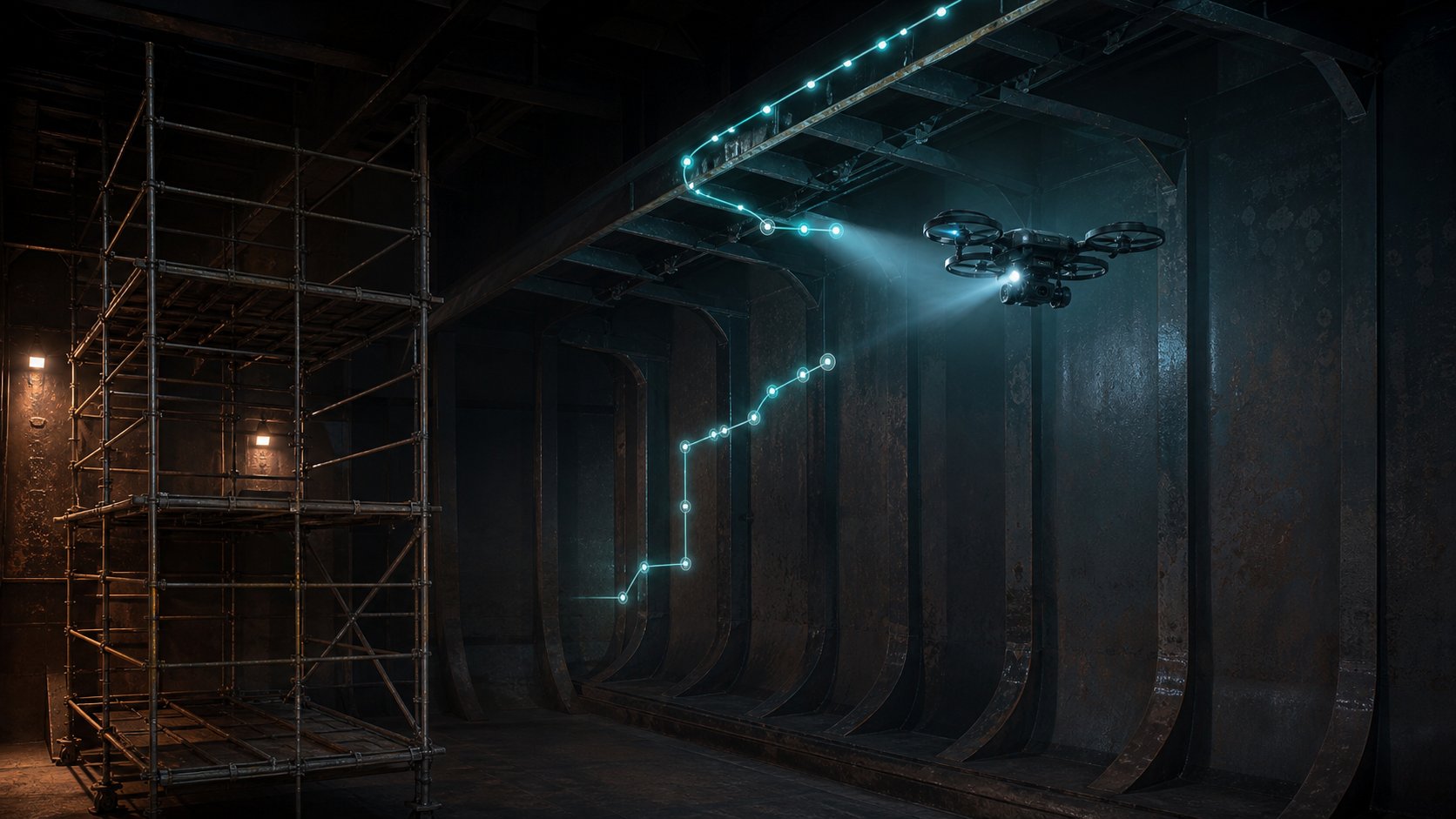 Some scaffolding remains in a bulk carrier cargo hold while an inspection drone visually examines structural frames and brackets