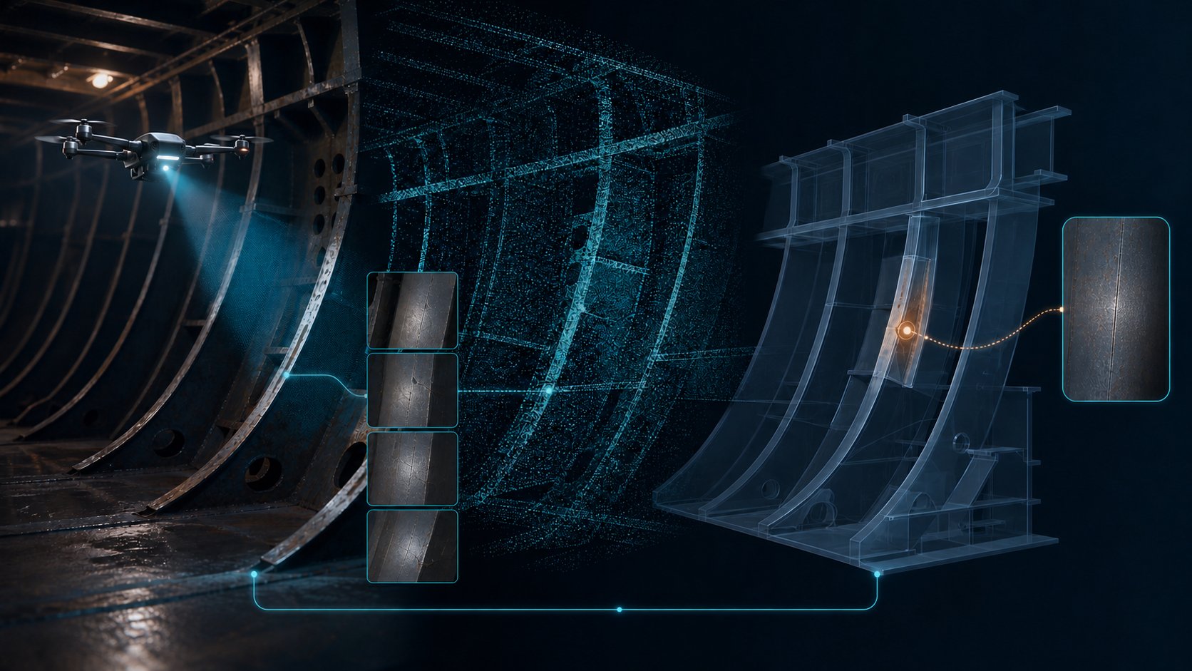 Drone inspection imagery, a cargo-hold LiDAR point cloud and a 3D structural model linked to the same defect location