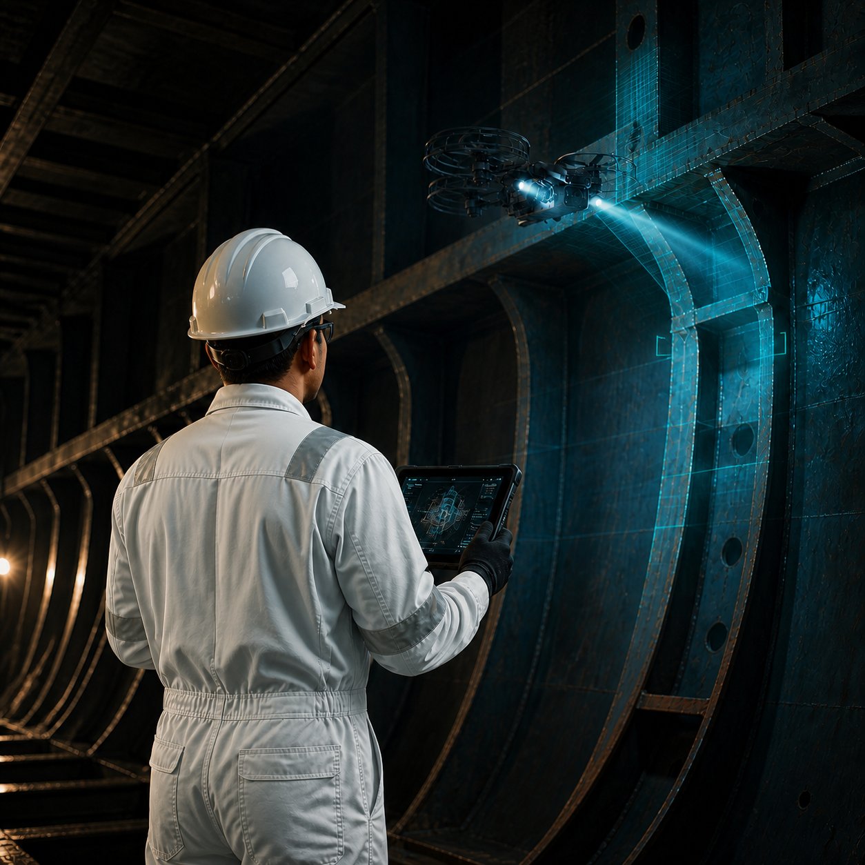 An inspection operator in white coveralls monitors a drone survey by tablet inside a bulk carrier cargo hold