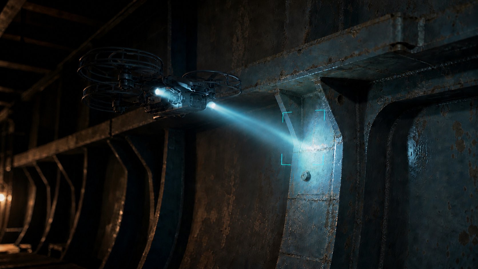 An inspection drone illuminates a suspected linear indication at an upper bracket and frame connection inside a bulk carrier cargo hold