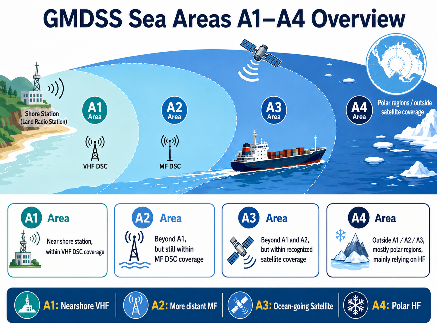 Illustration of GMDSS sea areas A1 to A4, expanding from nearshore VHF coverage to MF, satellite, and HF communication ranges