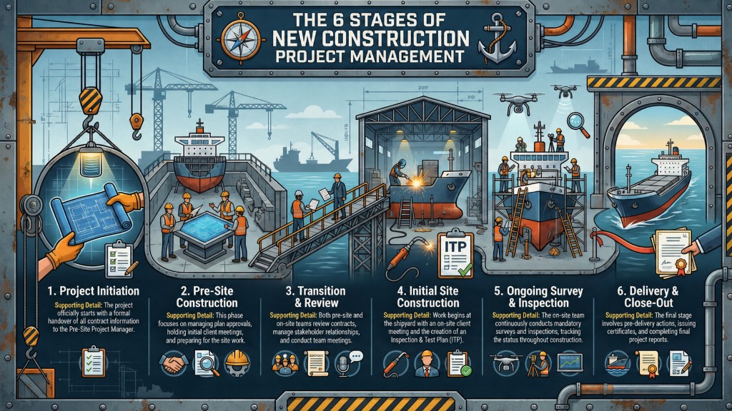 Six-step new construction project management flow: project initiation, pre-site construction, transition review, initial site construction, ongoing survey and inspection, and delivery close-out