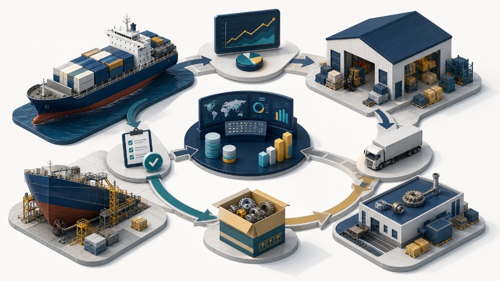 MPDC fleet spare-parts logistics cycle: a closed loop from demand detection, data integration, warehousing and distribution, and parts supply to vessel maintenance