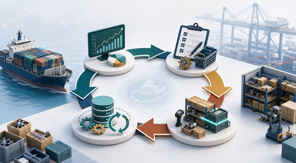 PDCA management-cycle illustration: a closed loop from demand forecasting and procurement execution to consumption monitoring and model correction
